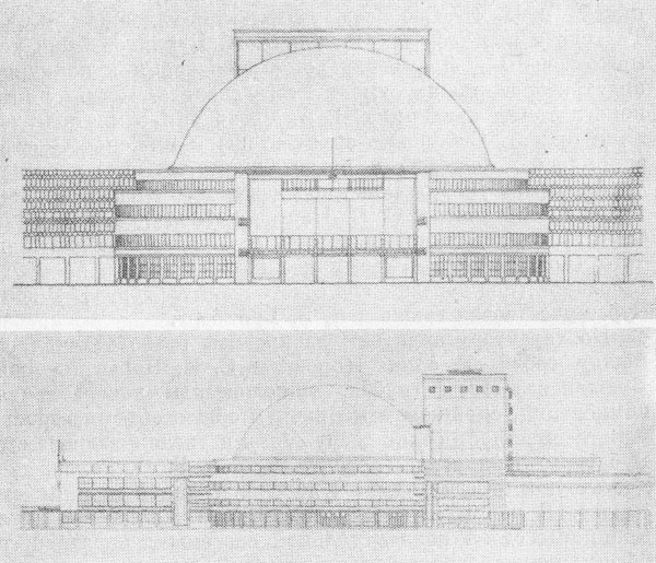 Проект здания ДКиН  (главный и боковой фасады), подготовленный архитектором А. 3. Гринбергом в соавторстве с арх. М. Смуровым для конкурса в 1933 году