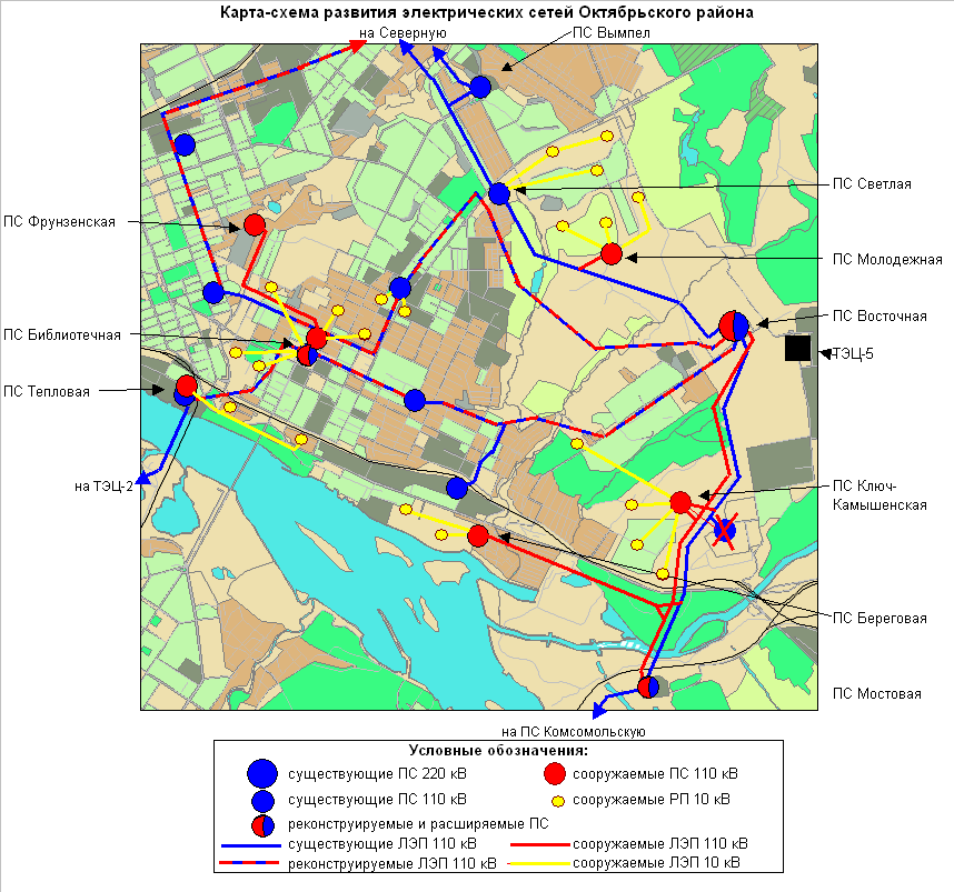 Рисунок 1. Карта-схема электрических сетей в зоне Октябрьского района 