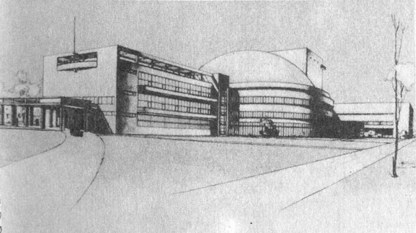 Перспектива здания ДКиН в проекте А. З. Гринберга, М. И. Курилко, Т. Я. Бардта. 1931 год