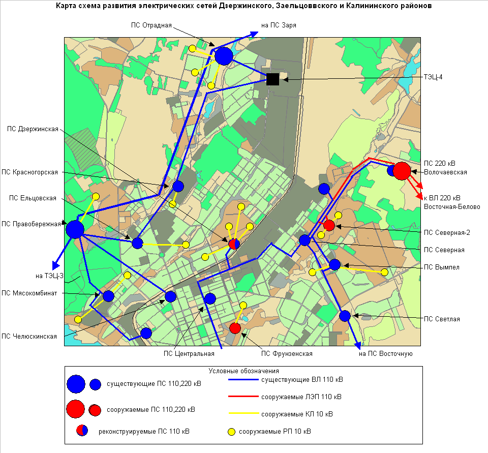 Рисунок 5. Карта-схема развития электрических сетей в зоне Дзержинского, Заельцовского и Калининского районов